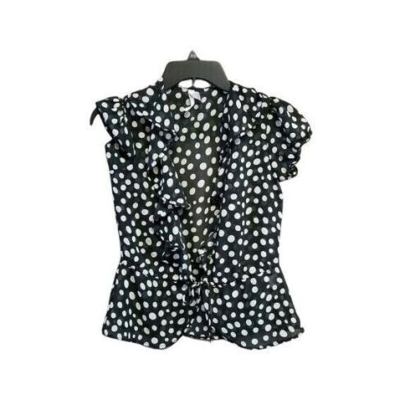 Xhilaration Womens Sz XS Black White Polka Dot Cap Sleeve Cardigan Blouse - Picture 8 of 9